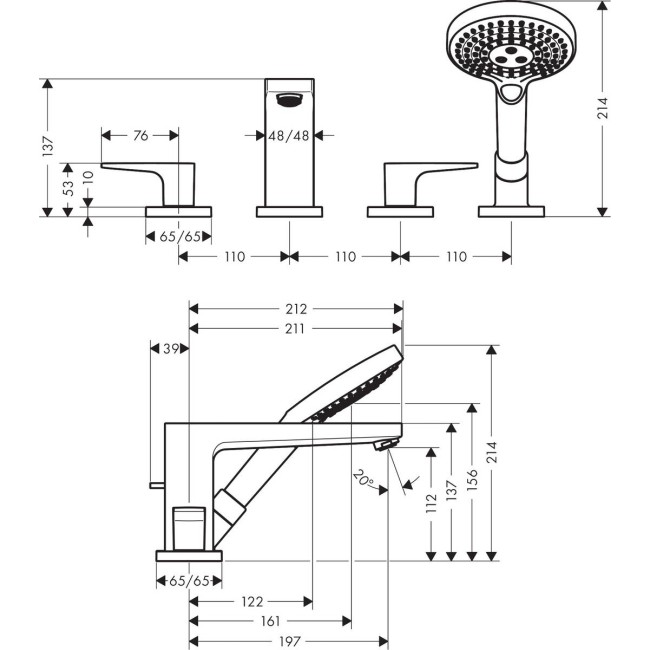 Смеситель hansgrohe Metropol на край ванны, на 4 отверстия, с рукояткой-петлей 74552000 хром