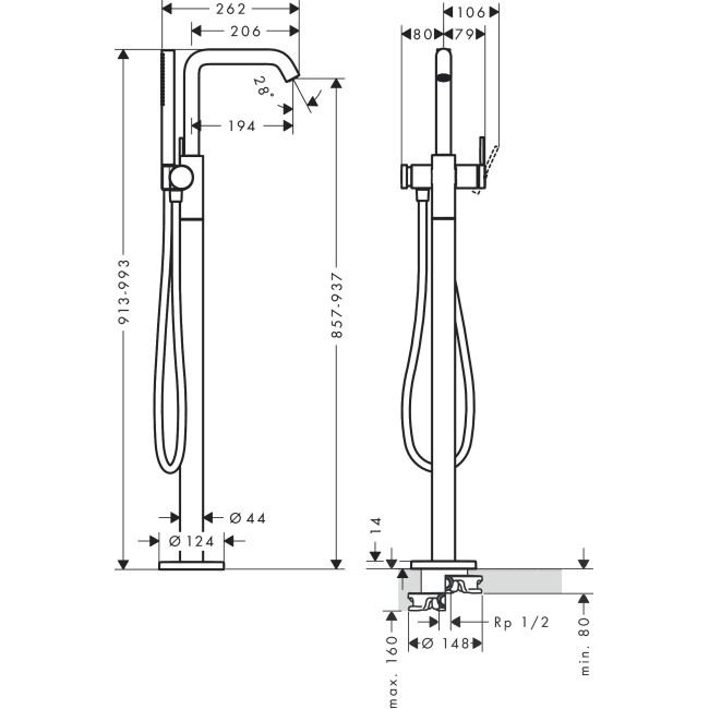 Смеситель hansgrohe Tecturis S для ванны напольный, белый матовый 73440700