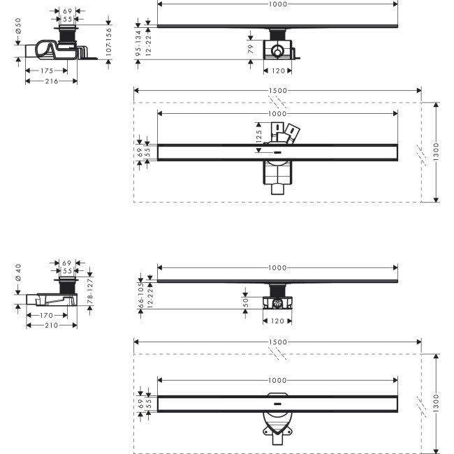 Монтажный комплект для стандартной/плоской установки hansgrohe RainDrain Allround 1000 мм 56189800