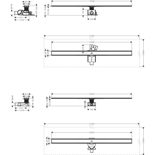 Монтажный комплект для стандартной/плоской установки hansgrohe RainDrain Allround 1200 мм 56190800