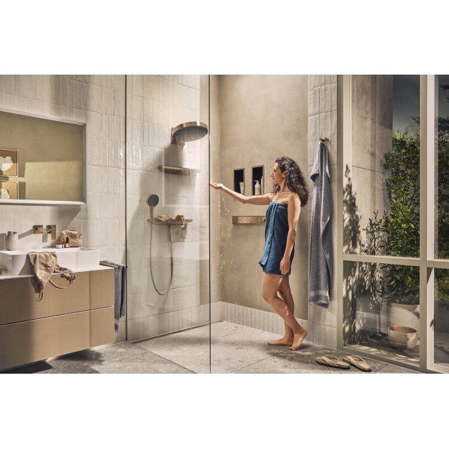 Шланговое подсоединение hansgrohe Porter 500 Rainfinity с держателем для душа и полкой для душа 26843990 золото