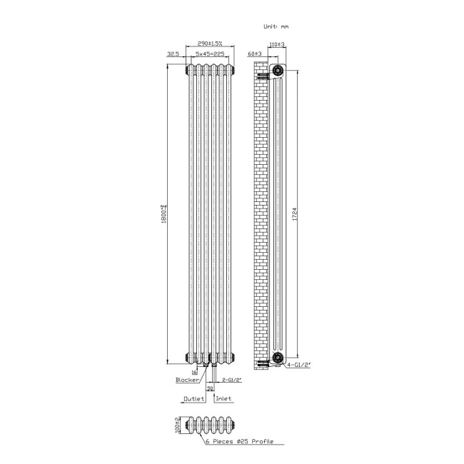 Трубчастий радіатор Column 3 1800×290 нижнє підк.