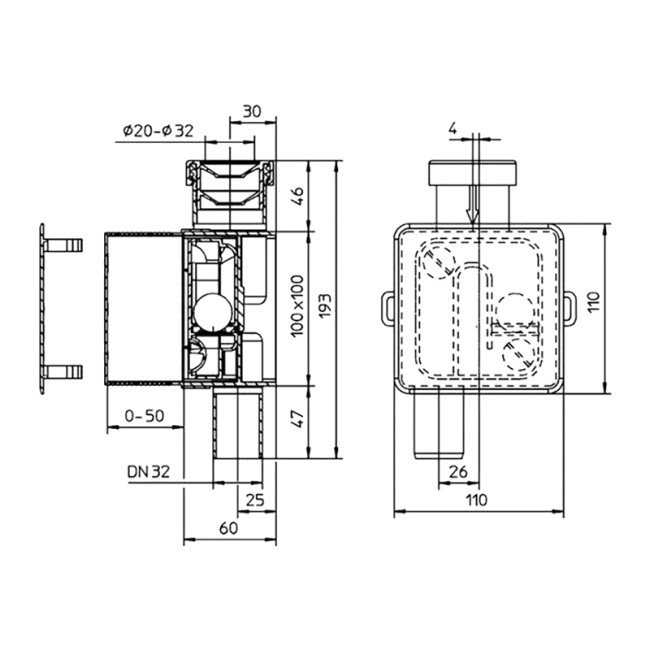 Сифон для кондиціонера Hutterer&Lechner ДУ-32 100х100 (HL138)