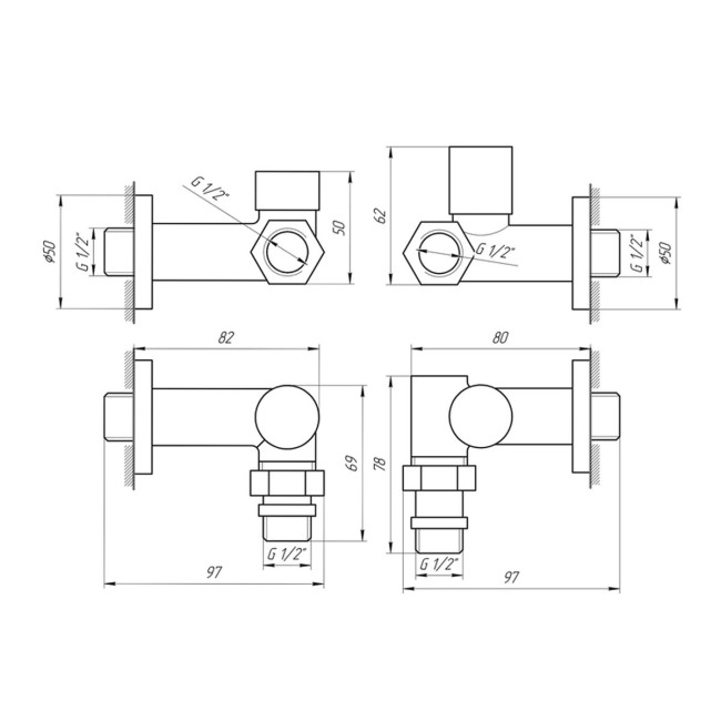 Кран угловой под ТЭН Solomon 1/2"х1/2" белый, 2шт