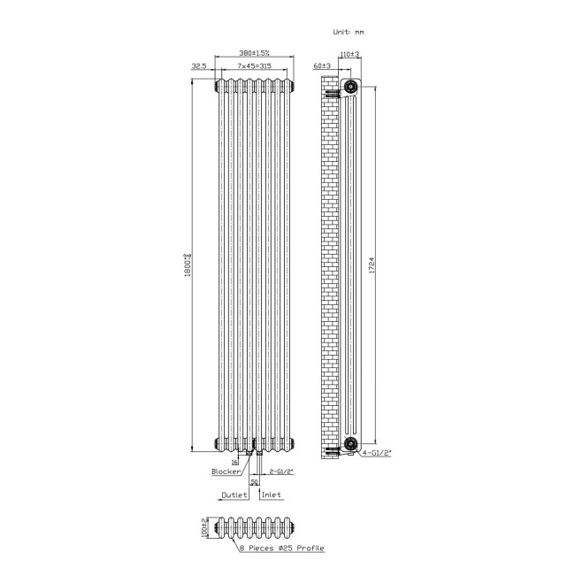 Трубчастий радіатор Column 3 1800×380 нижнє підк.