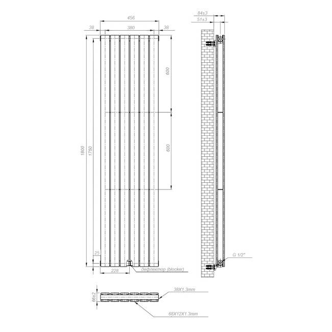Вертикальный радиатор Largo Double 456х1800-6, anticor, черный муар