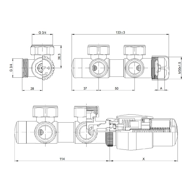 Комплект термостатичний Vario Term TWINS 50 мм, кутовий, правий, білий TSGS0206CFK/P