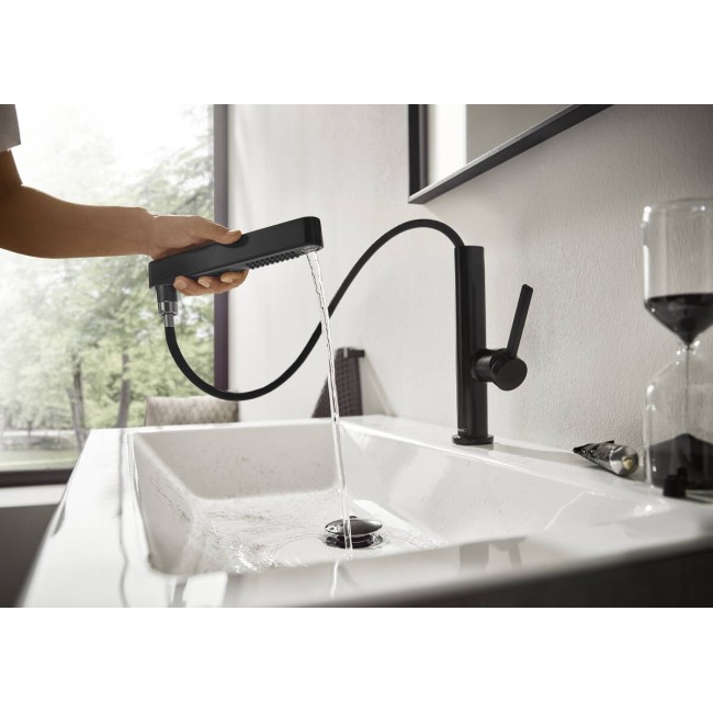 Змішувач hansgrohe Finoris 76063000 з висувним душем, 2 типи струменя та зливним гарнітуром push-open, хром