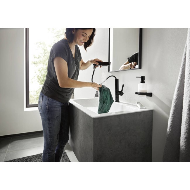 Змішувач hansgrohe Finoris 76063700 з висувним душем, 2 типи струменя та зливним гарнітуром push-open, білий матовий