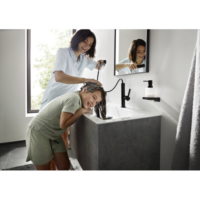 Змішувач hansgrohe Finoris 76063700 з висувним душем, 2 типи струменя та зливним гарнітуром push-open, білий матовий