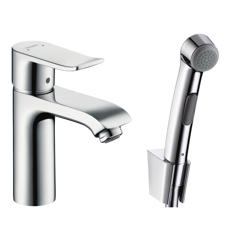 Змішувач hansgrohe Metris для раковини з гігієнічним душем і зливний клапаном Push-Open 31285000