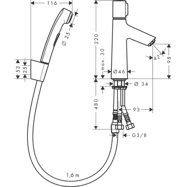 Смеситель hansgrohe Talis Select S со сливным клапаном Push-Open для раковины с гигиеническим душем, хром 72291000