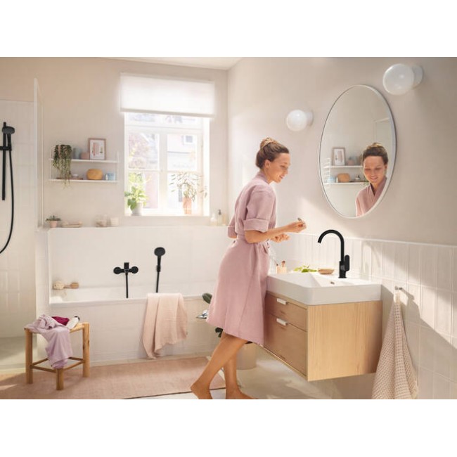 Смеситель hansgrohe Rebris S для раковины с сливным гарнитуром и поворотным изливом, черный матовый 72536670