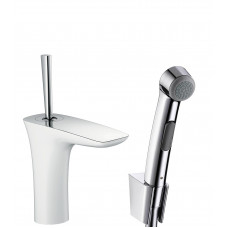 Змішувач hansgrohe PuraVida для раковини з гігієнічним душем і зливним клапаном Push-Open, білий / хром 15275400