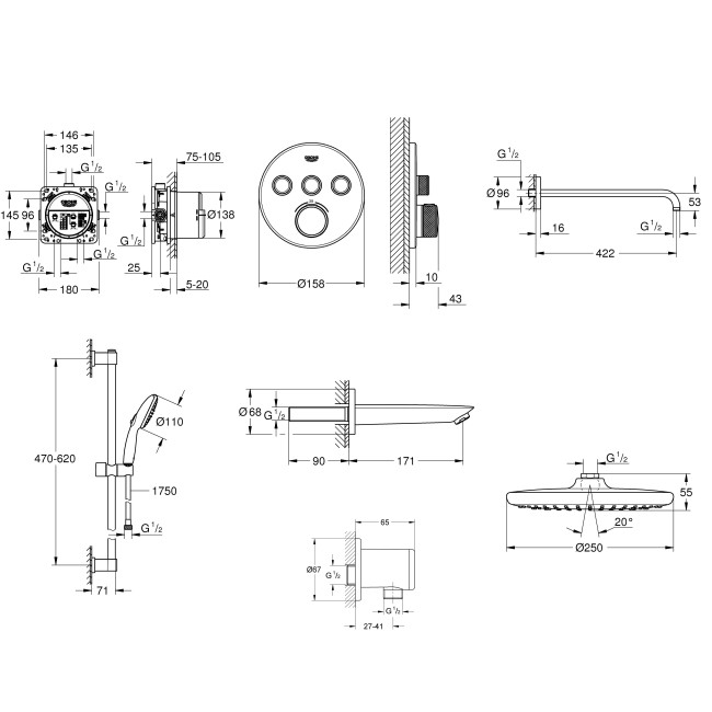Grohe QuickFix Grohtherm SmartControl Душовий комплект з Vitalio Start 250 (UA202801R3)