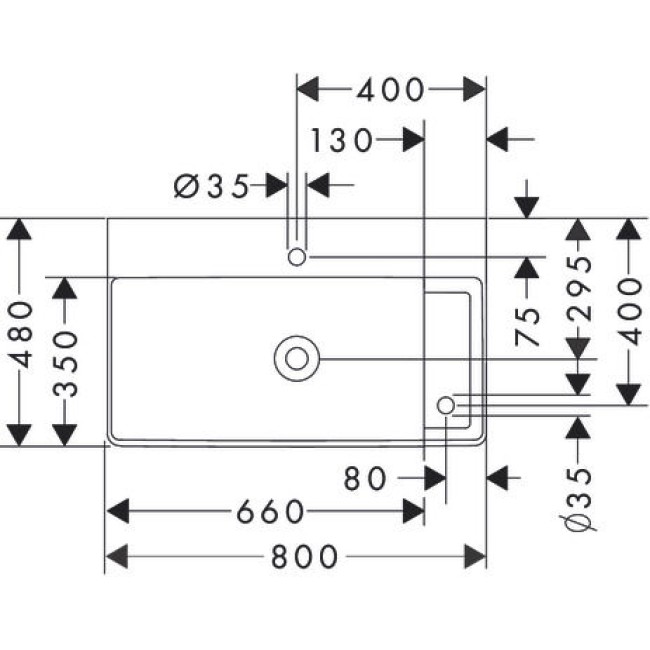 Умывальник 800/480 Xelu Q с полочкой справа, с двумя отверстиями под смеситель, без перелива, 60319450
