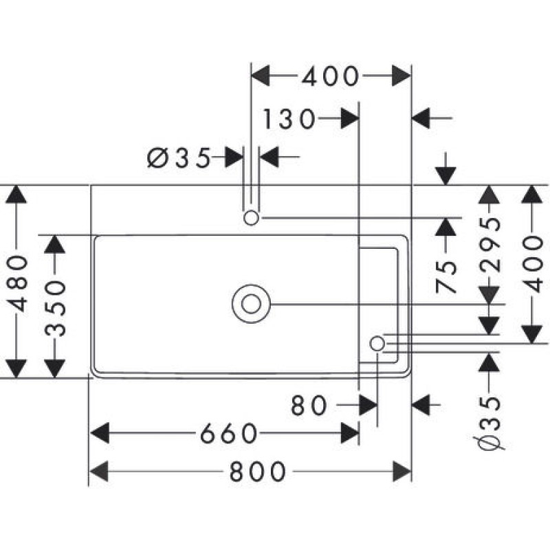 Умывальник 800/480 Xelu Q с полочкой справа, с двумя отверстиями под смеситель, без перелива, 60319450