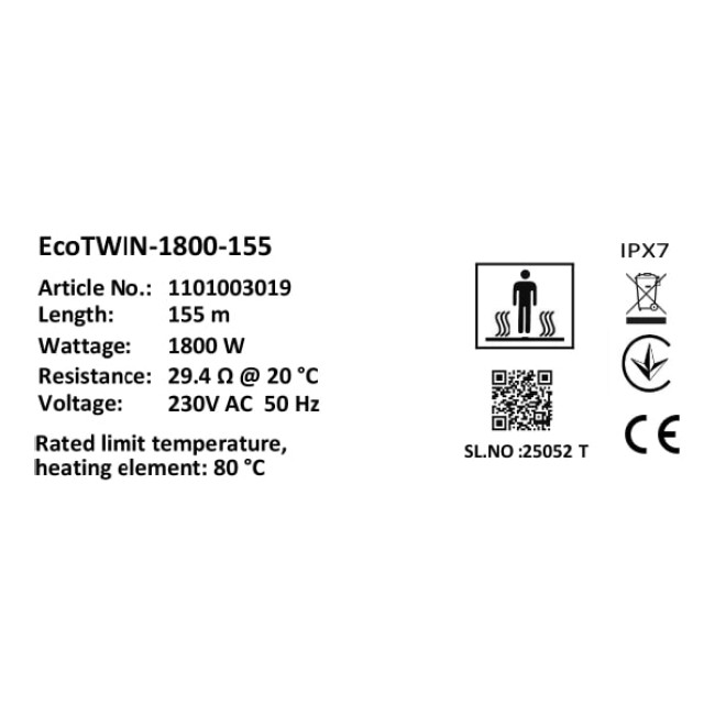 Комплект-Кабель нагревательный Bonjour Soft Heat EcoTWIN-1800-155 W/m з терморегулятором RTP