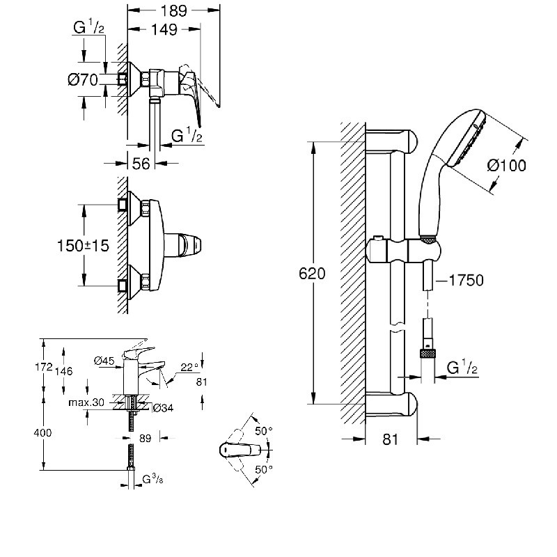 Grohe Комплект смесителей BauFlow 3 в 1 для душа (121630S)