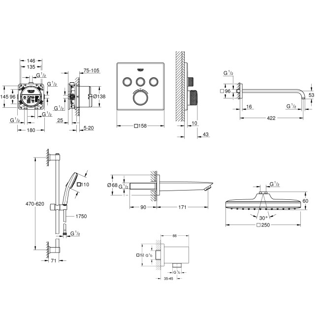 Grohe QuickFix Grohtherm SmartControl Душовий комплект з Vitalio Comfort 250 Cube (UA202801C3)