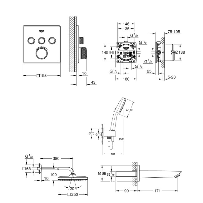 Grohe Grohtherm SmartControl Набір для комплектації ванни та душа з New Tempesta 250 (UA26415SC6)