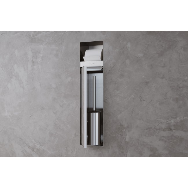 Встроенный держатель для туалетной бумаги с ершиком и дверцей под облицовку плиткой XtraStoris Rock, 56062800 под сталь