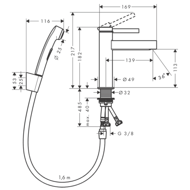Змішувач hansgrohe Finoris для раковини зі зливним набором, з гігієнічним душем чорний матовий хром 76210340