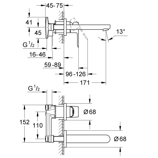 Grohe BauLoop смеситель для умывальника на 2 отверстия, настенный монтаж (20289000)