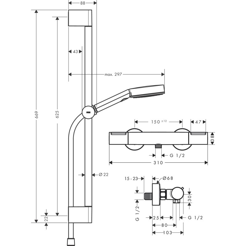 Душевой набор hansgrohe Pulsify Select S EcoSmart 65 см с термостатом Ecostat Element 24272000 хром