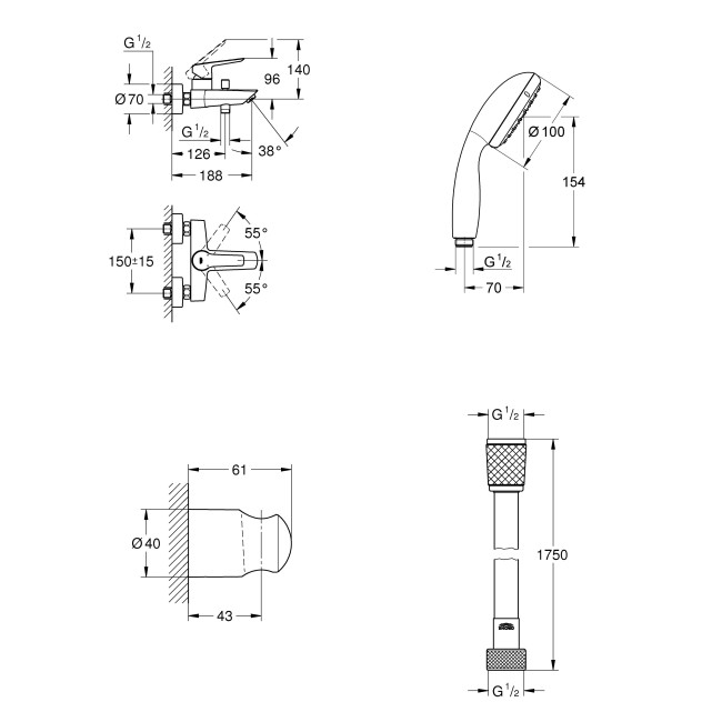 Grohe QuickFix Start Одноважільний змішувач для ванни + душовий набір (UA30330701)