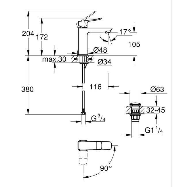 Grohe Dice Одноважільний змішувач для раковини M-розміру (1018362430)