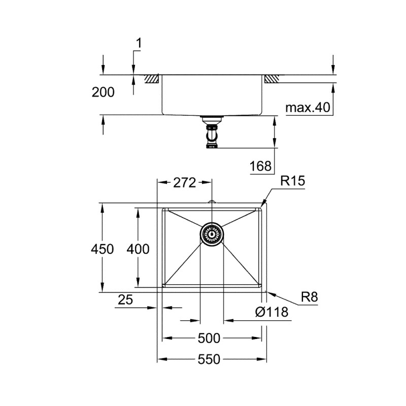 Grohe Мойка для кухни 550 x 450 мм, под столешницу, 1 чаша, матовая (31574AL1)