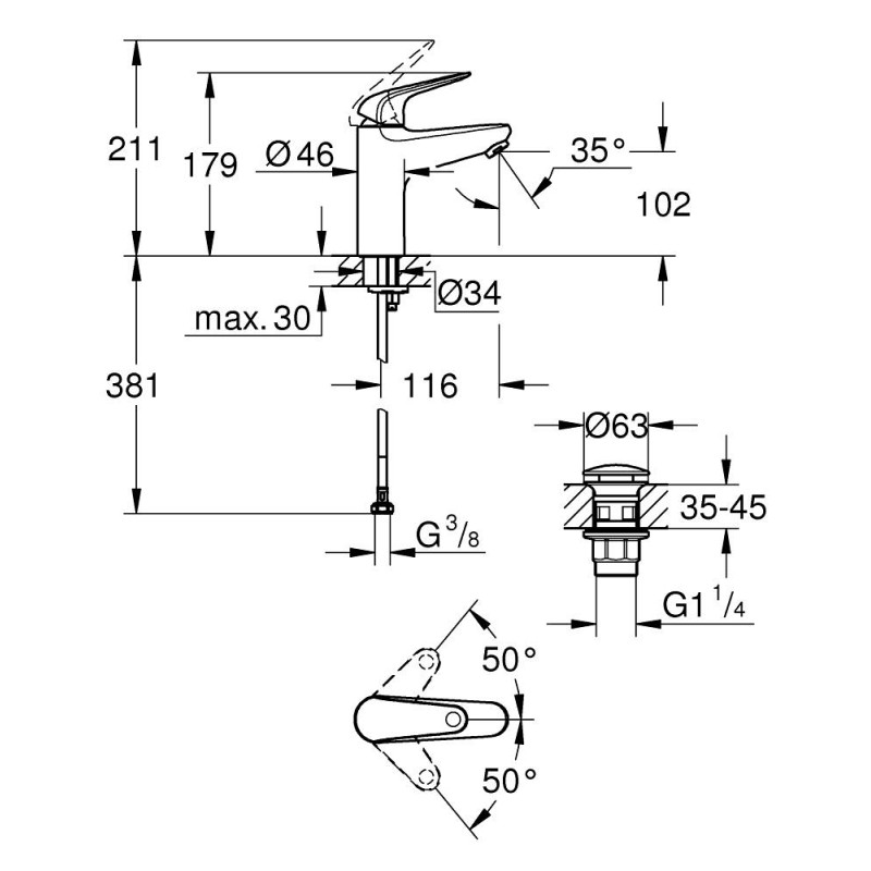 Grohe Euroeco Смеситель однорычажный для раковины M-Size (24267001)