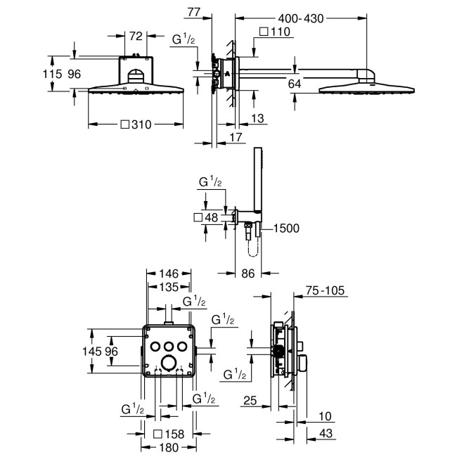 Grohe QuickFix Precision SmartControl Скрытая душевая система с Vitalio SmartActive 310 Cube (34875000)