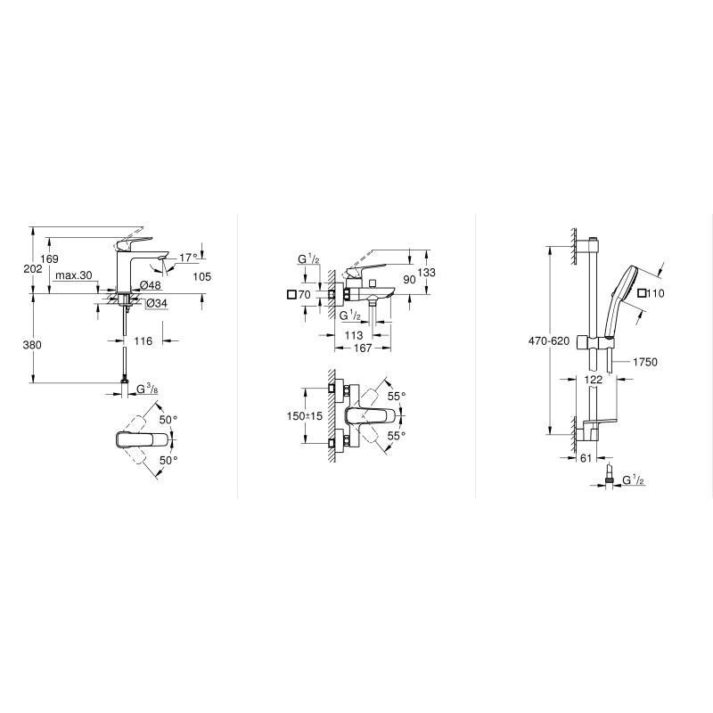 Grohe Комплект смесителей Cubeo  3 в 1 для ванной (UA125246M)