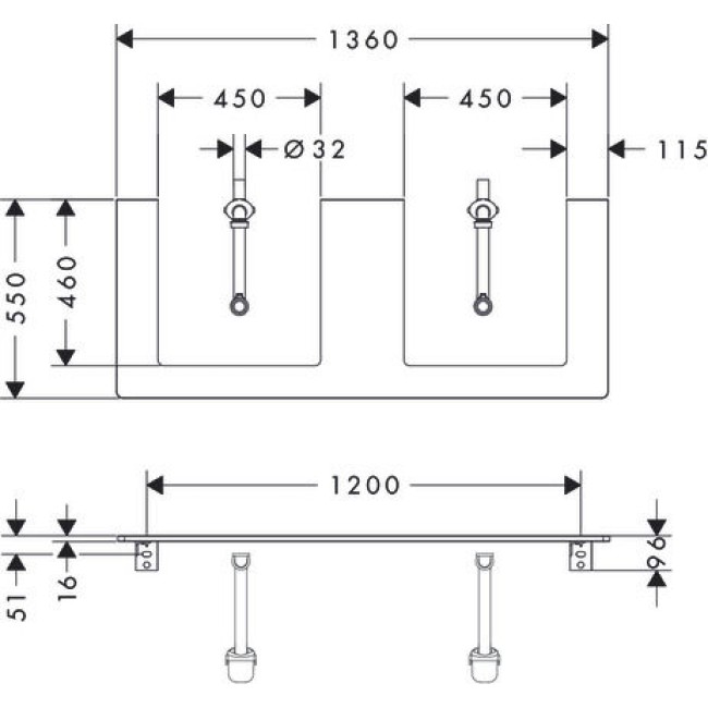Консоль 1360/550 Xelu Q с 2 вырезами для установки накладной раковины, 54099050 High Gloss White