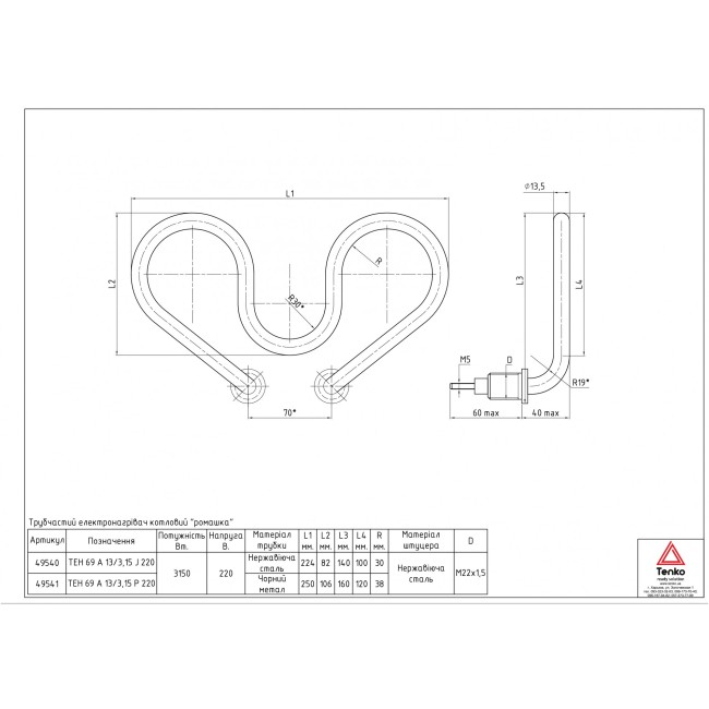 Тэн котловой 3,15 кВт Черн. М22x1,5, "ромашка"