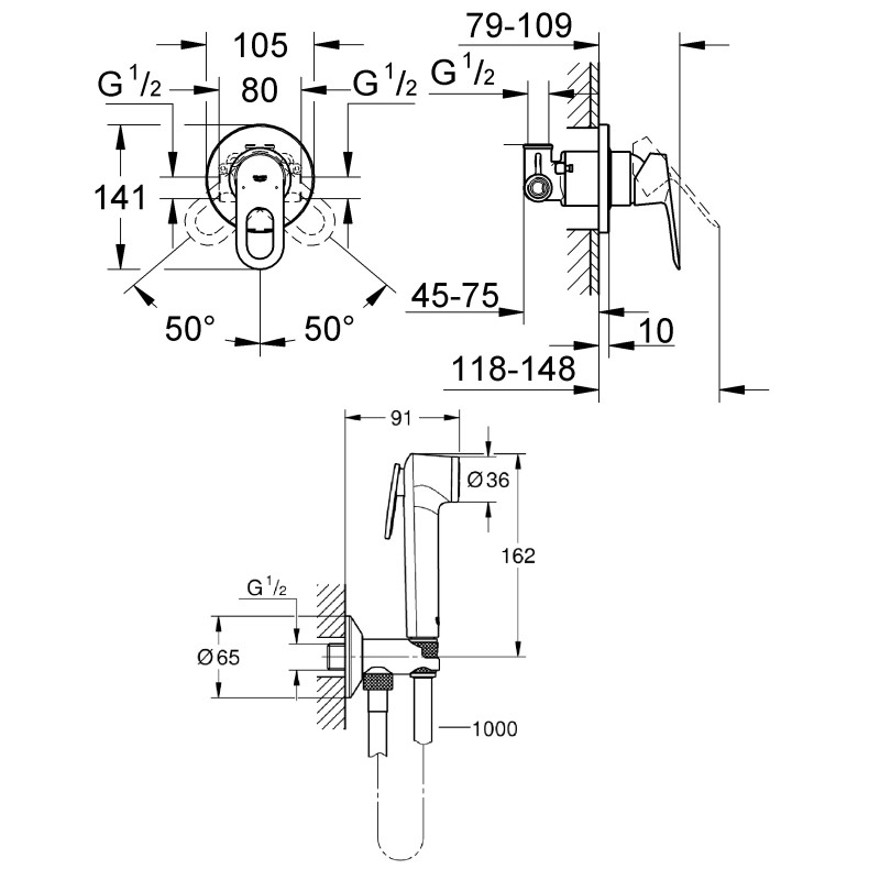 Grohe Набор BauLoop 2 в 1 для туалета, гигиенический душ со смесителем скрыт. монтажа (2904200B)