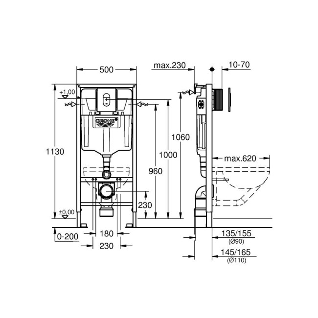 Grohe Rapid SL комплект 4-в-1 для подвесного унитаза (кнопка Arena Cosmopolitan)  (38929000)