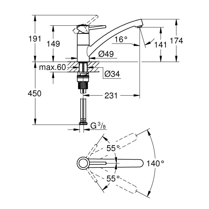 Grohe BauClassic Смеситель однорычажный для мойки (30575000)