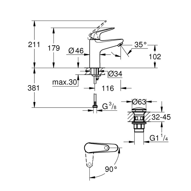 Grohe Euroeco Одноважільний змішувач для раковини M-Size (24269001)