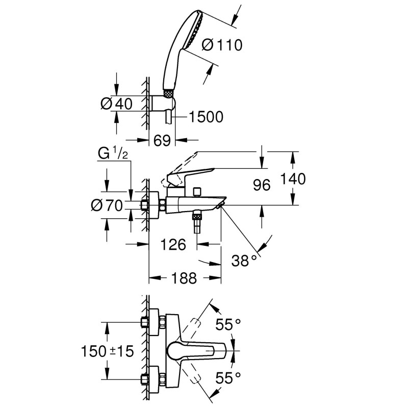 Grohe QuickFix Start Однорычажный смеситель для ванны + душевой набор (25283002)
