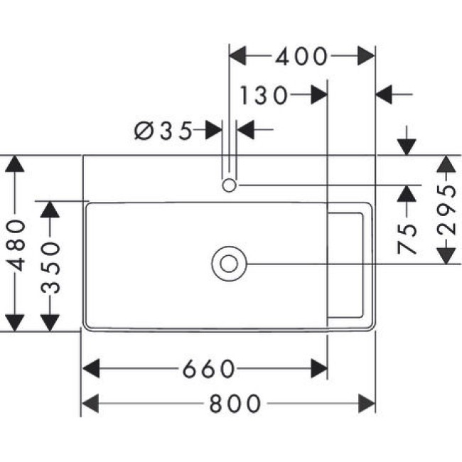 Умивальник 800/480 Xelu Q з поличкою праворуч, з отвором під змішувач, без переливу, 61024450 з покриттям SmartClean