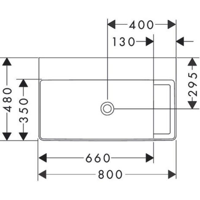Накладна раковина 800/480 Xelu Q з поличкою праворуч, без отвору під змішувач, без переливу, 61029450 з покриттям SmartClean