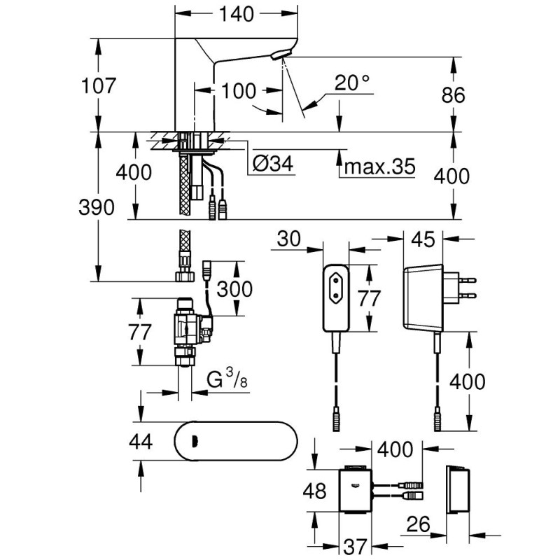 Grohe Euroeco Cosmopolitan E Bluetooth Инфракрасная электроника для раковины без смешивания (36409000)