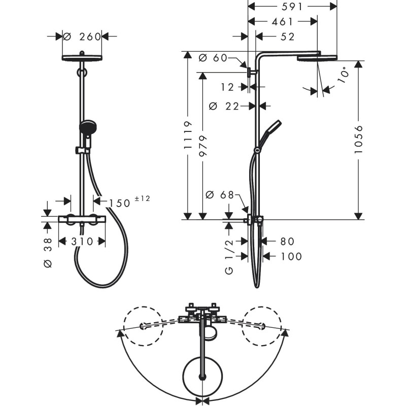 Душевая система hansgrohe Pulsify S Puro Showerpipe EcoSmart 260 1jet с термостатом 24237000  хром