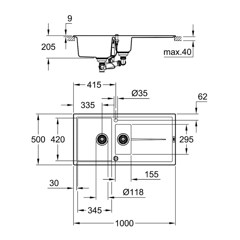 Grohe Мойка для кухни 1000 х 500 мм, Granite Black (31642AP0)