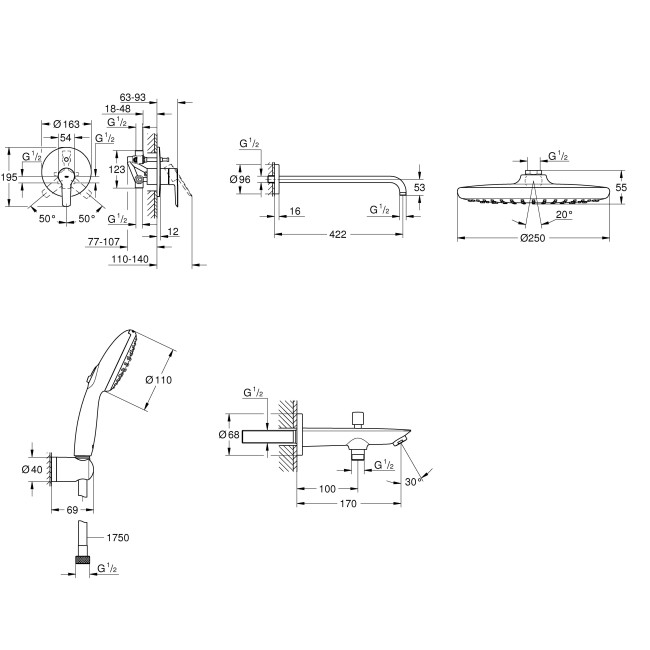 Grohe QuickFix Start Прихована душова система з Vitalio Start 250 (UA202803R3)