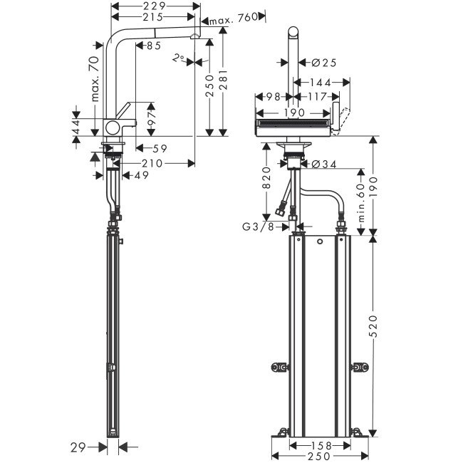 Змішувач hansgrohe Aquno Select M81 для кухонної мийки з висувним душем, хром 73830000
