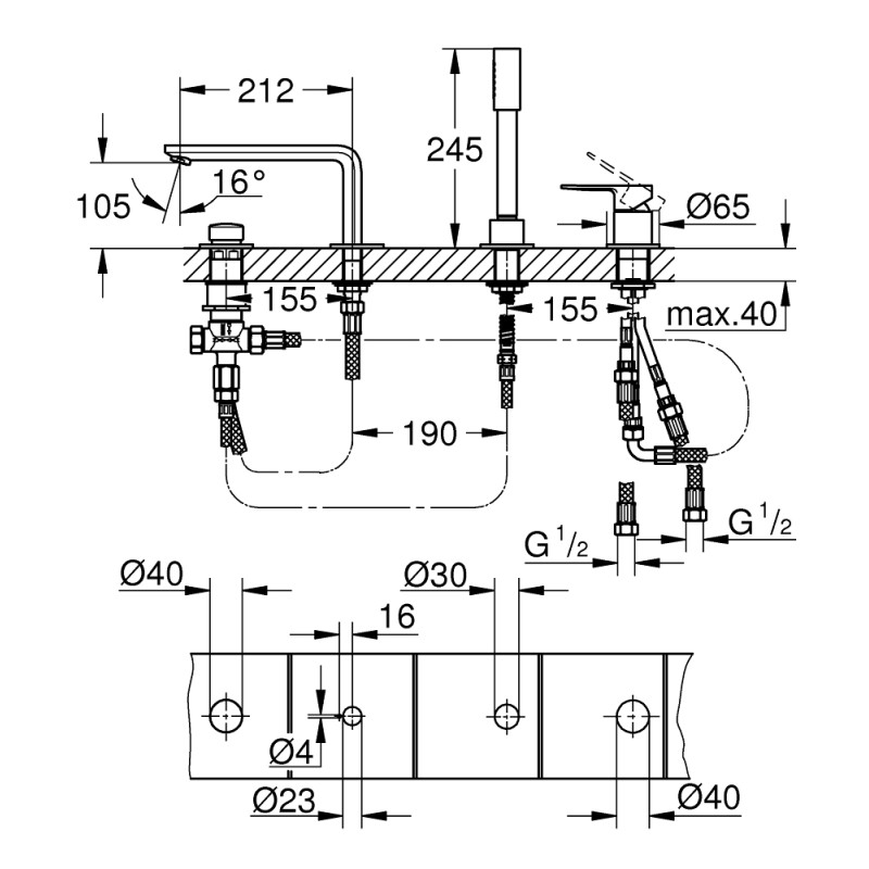 Grohe Lineare Смеситель однорычажный для ванны на 4 отверстия (19577001)